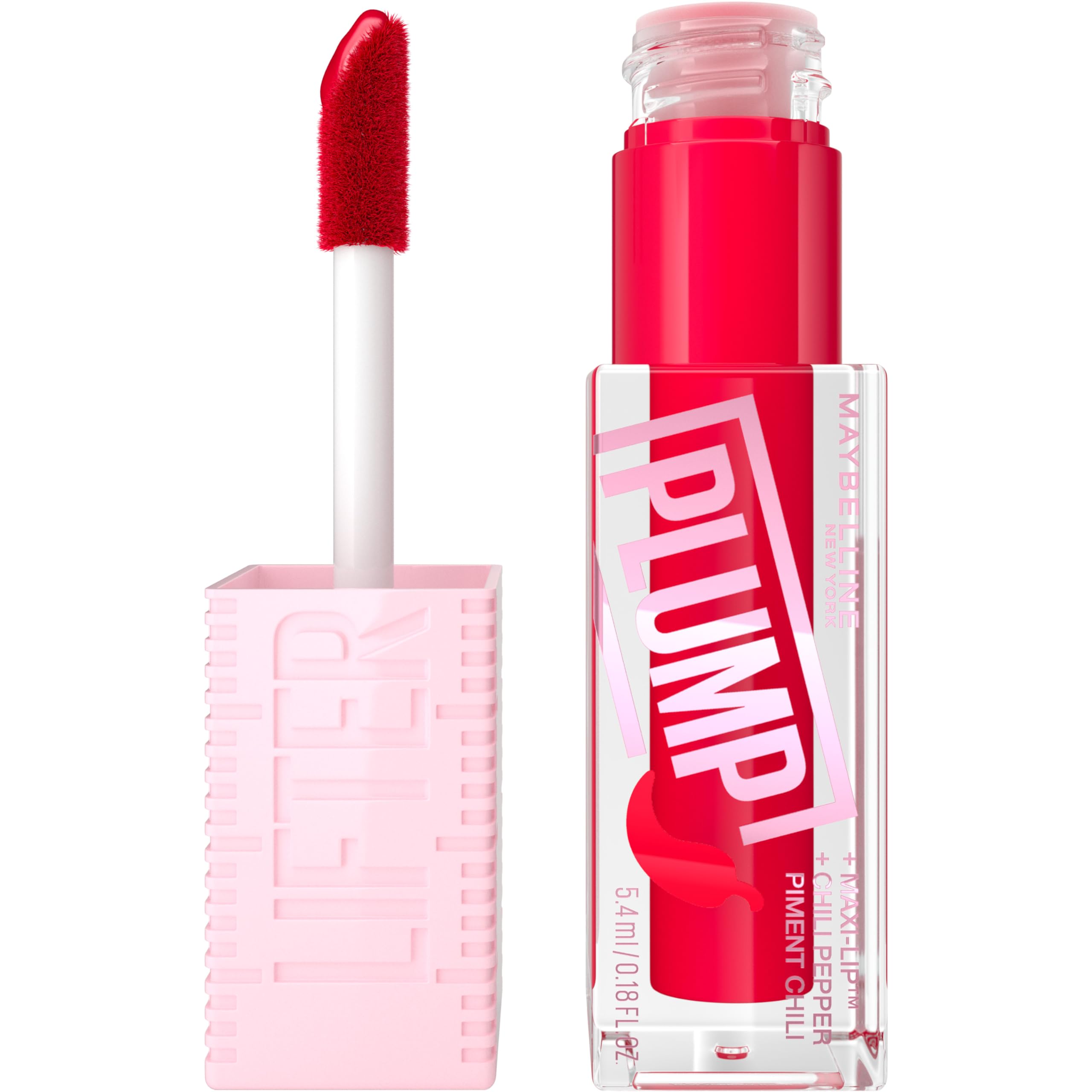 MAYBELLINE front packaging of Lifter Plump gloss shows shade and benefit