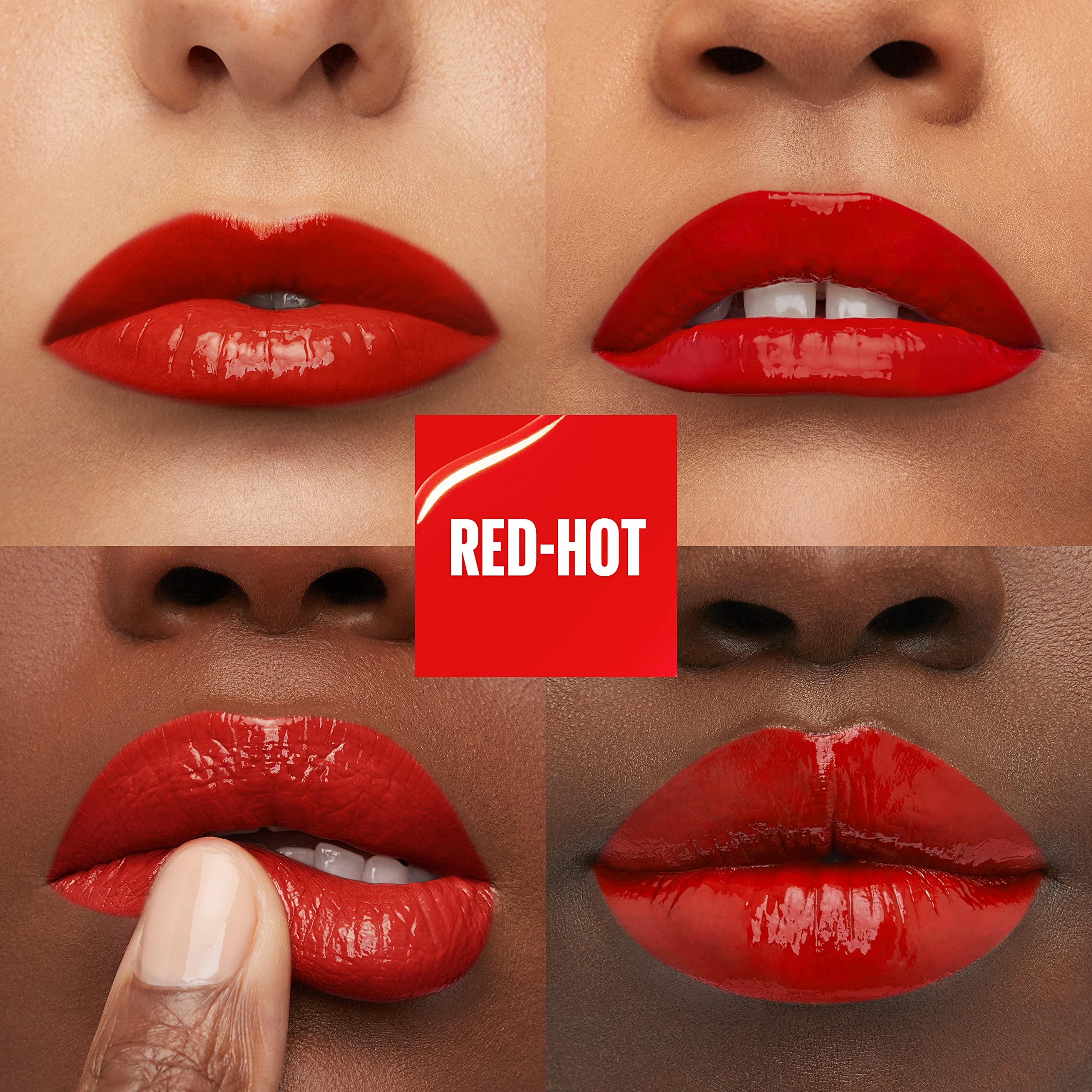 MAYBELLINE red-hot swatch on skin demonstrating true pigment payoff