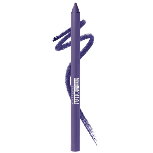 Maybelline pencil front view showing rich amethyst color and sleek packaging benefit definition