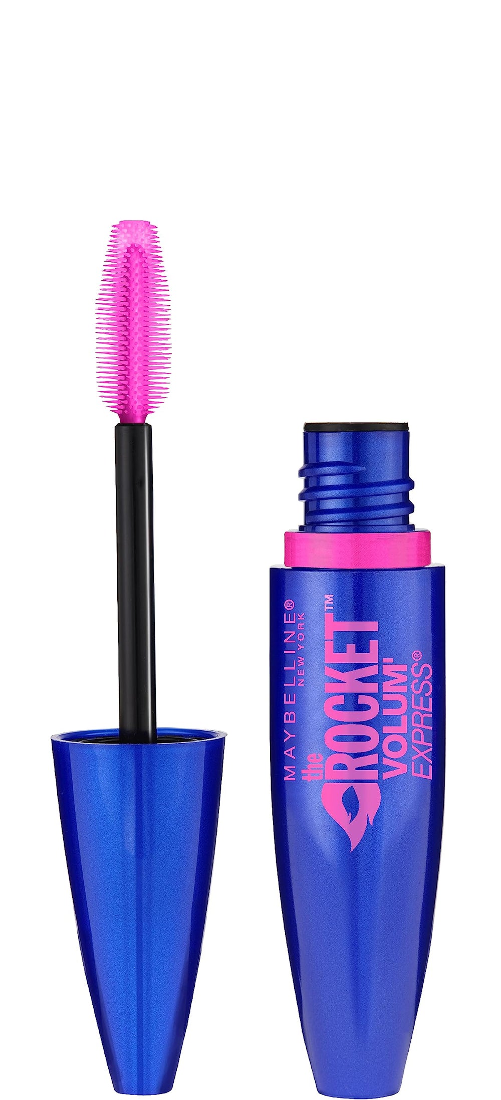 Maybelline The Rocket mascara tube front view showing sleek packaging and bold black shade