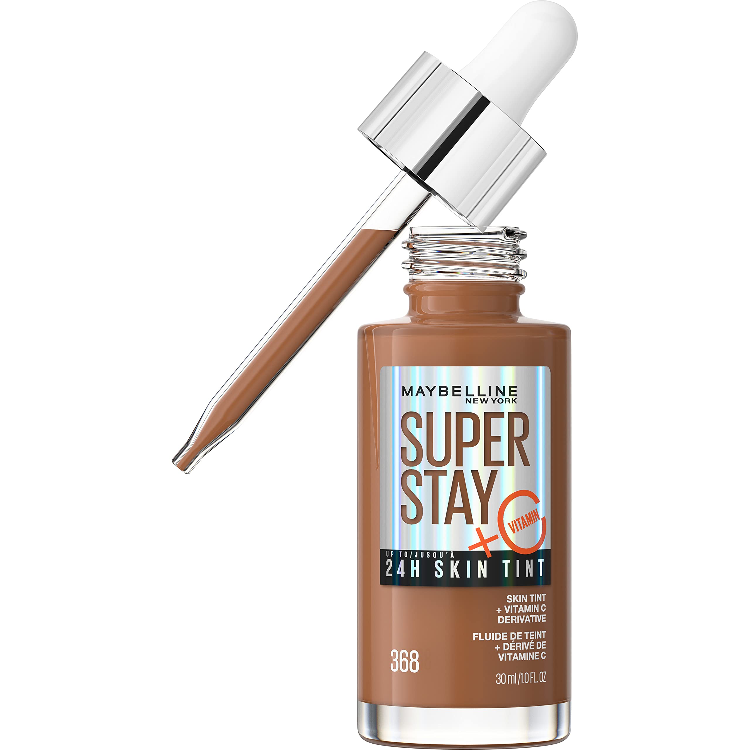 MAYBELLINE front packaging of Super Stay Skin Tint showing label and shade number, highlights quick application benefit
