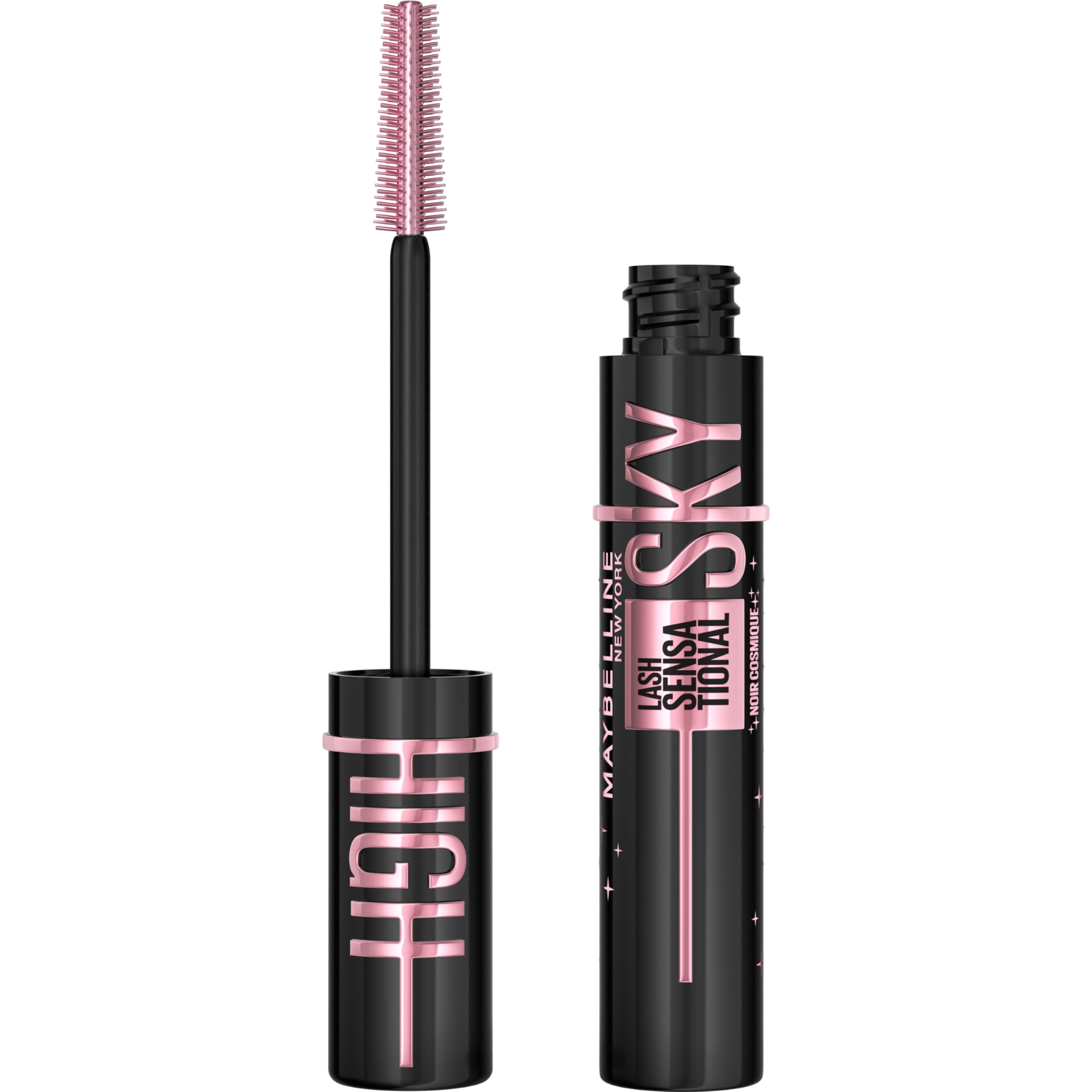 Maybelline Sky High front packaging shows Cosmic Black tube and benefit of bold lashes