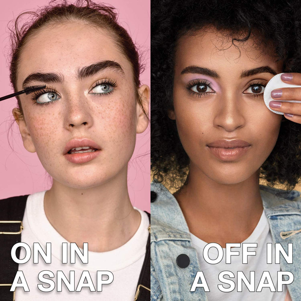 Maybelline Snapscara removal demo with warm water showing gentle lift-off