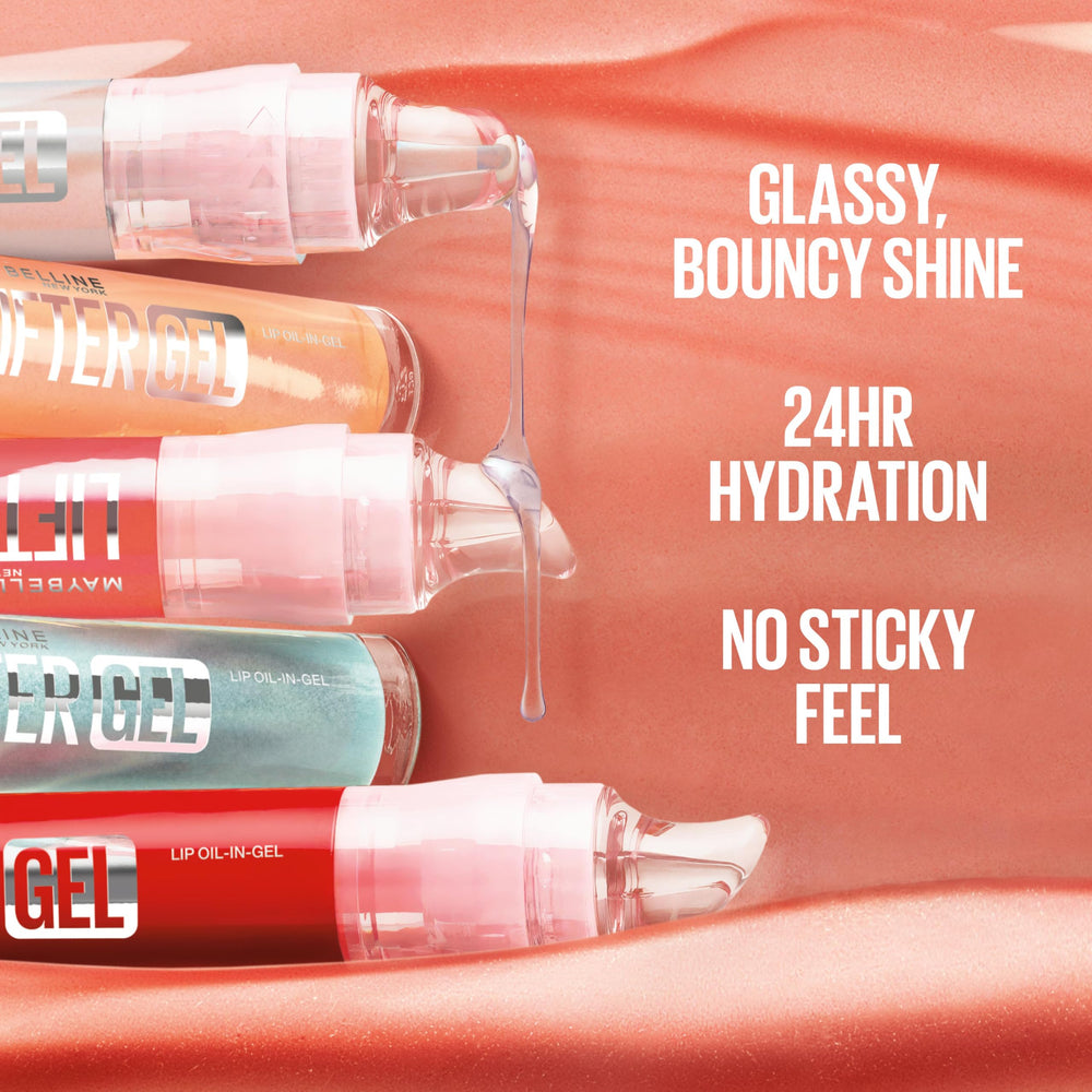MAYBELLINE gloss texture swipe highlighting oil-in-gel shine and non-greasy finish benefit