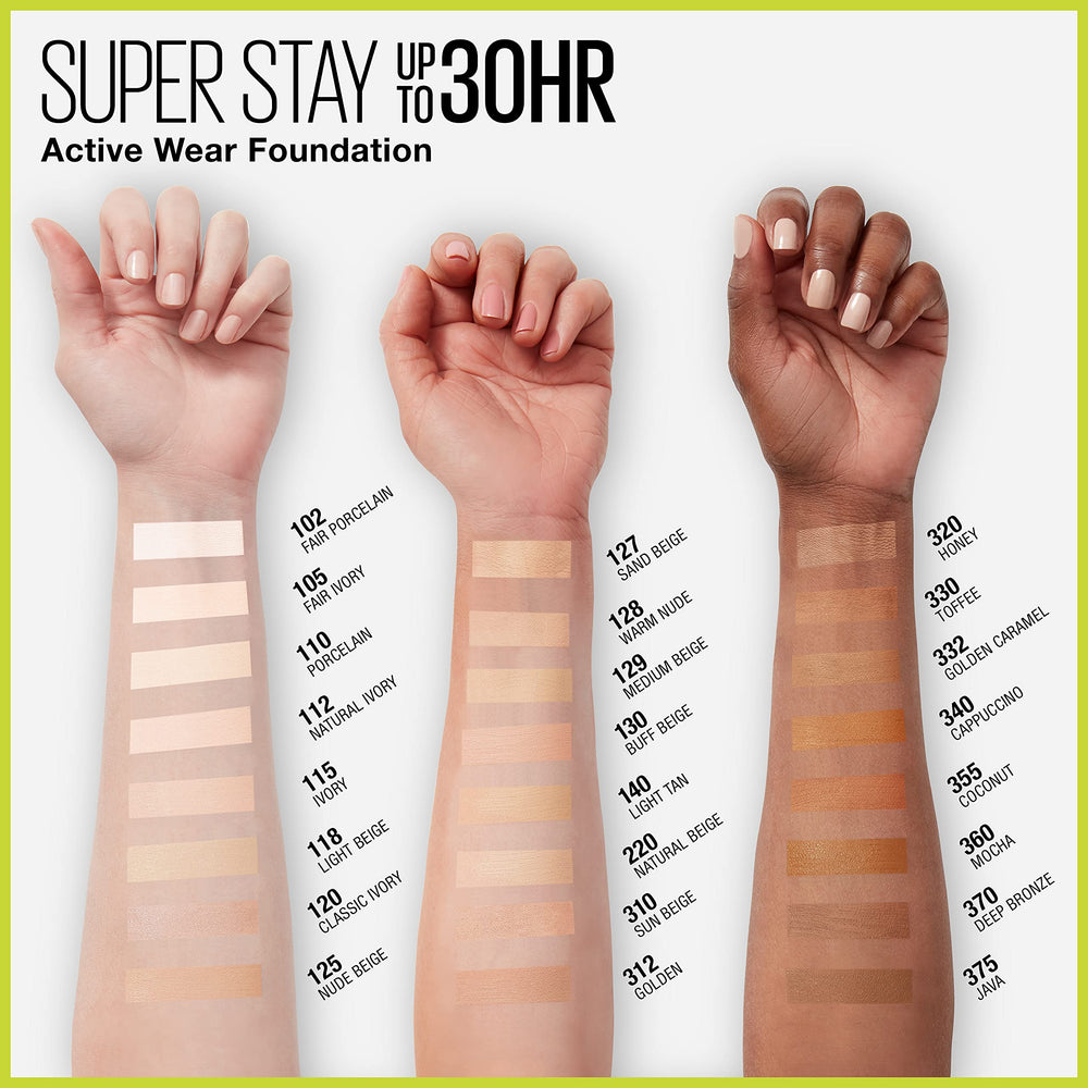 MAYBELLINE texture swatches on arm showing full-coverage pigment payoff