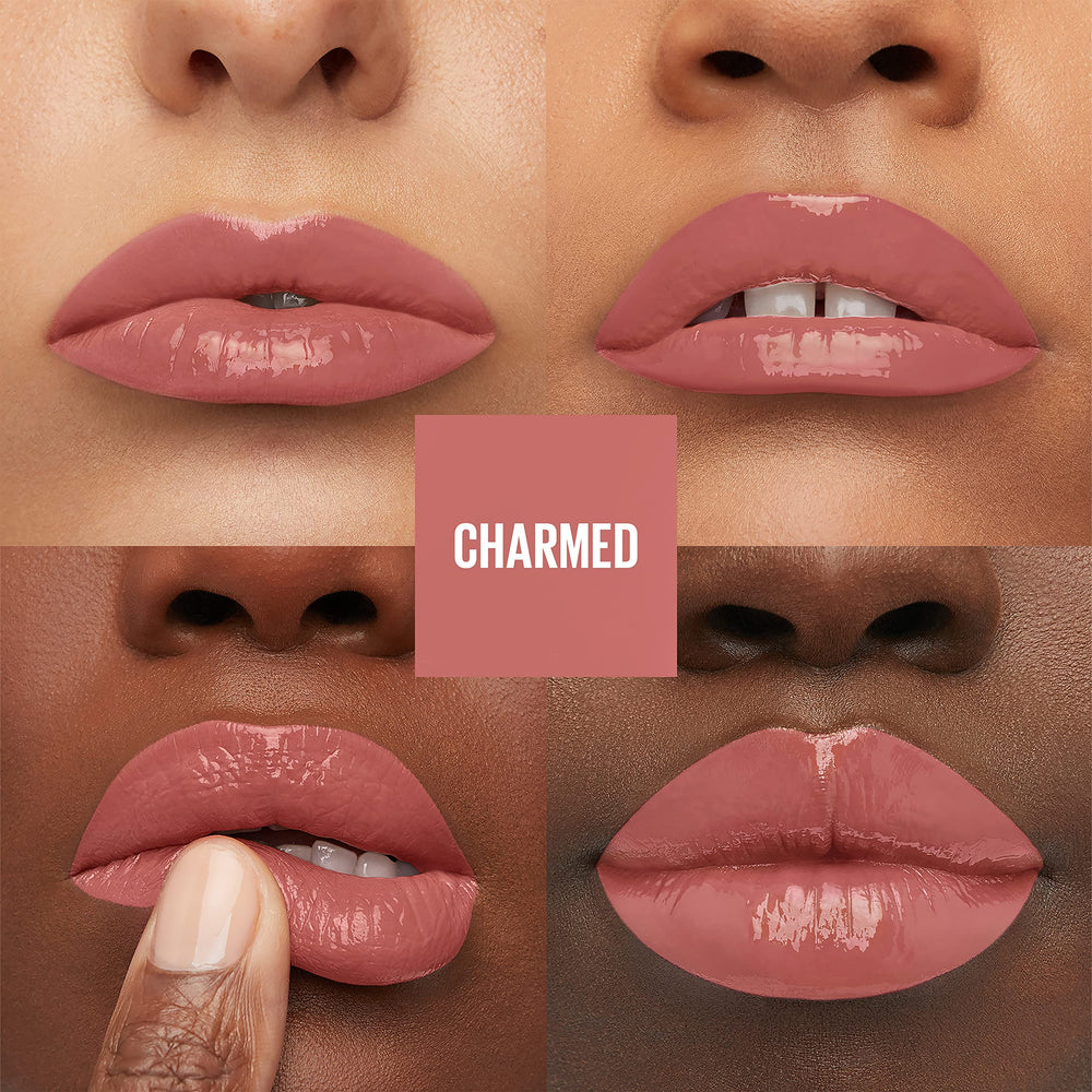 Maybelline Charmed swiped on lips, high-impact pink and lasting shine benefit
