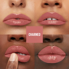 Maybelline Charmed swiped on lips, high-impact pink and lasting shine benefit