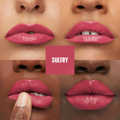 MAYBELLINE texture swipe showcasing saturated pigment and instant shine benefit