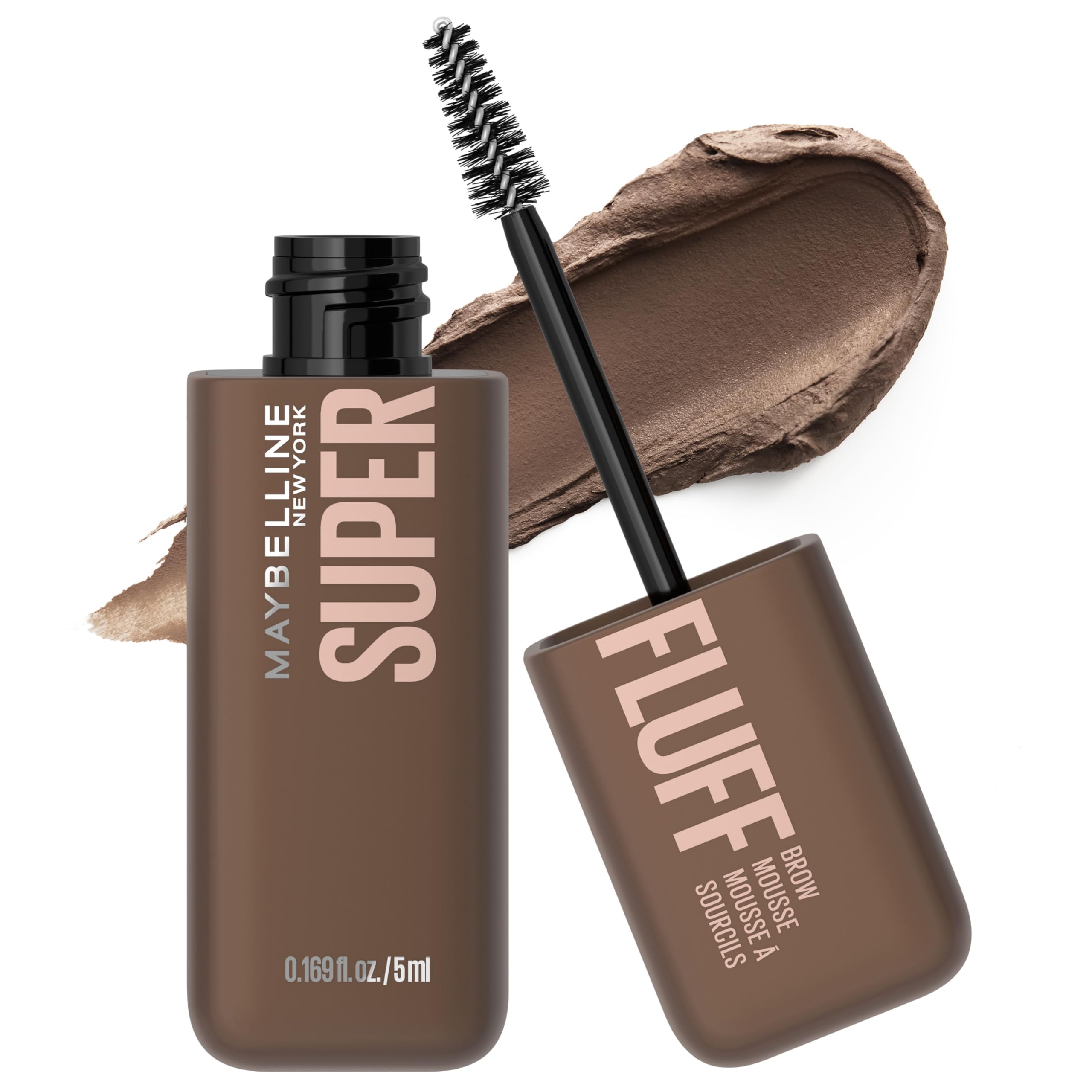 Maybelline Superfluff front packaging in Medium Brown shows product benefit of natural fullness