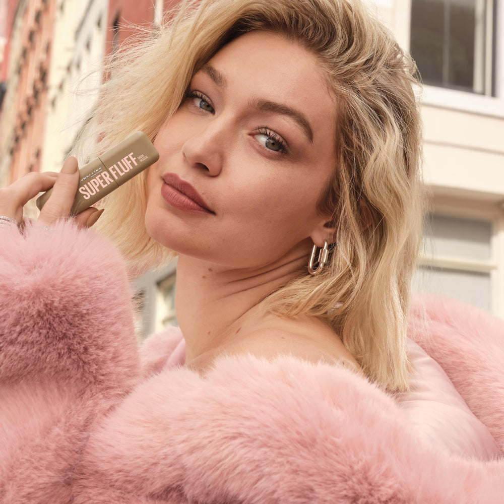 Maybelline Superfluff on bathroom counter in lifestyle scene for daily routine