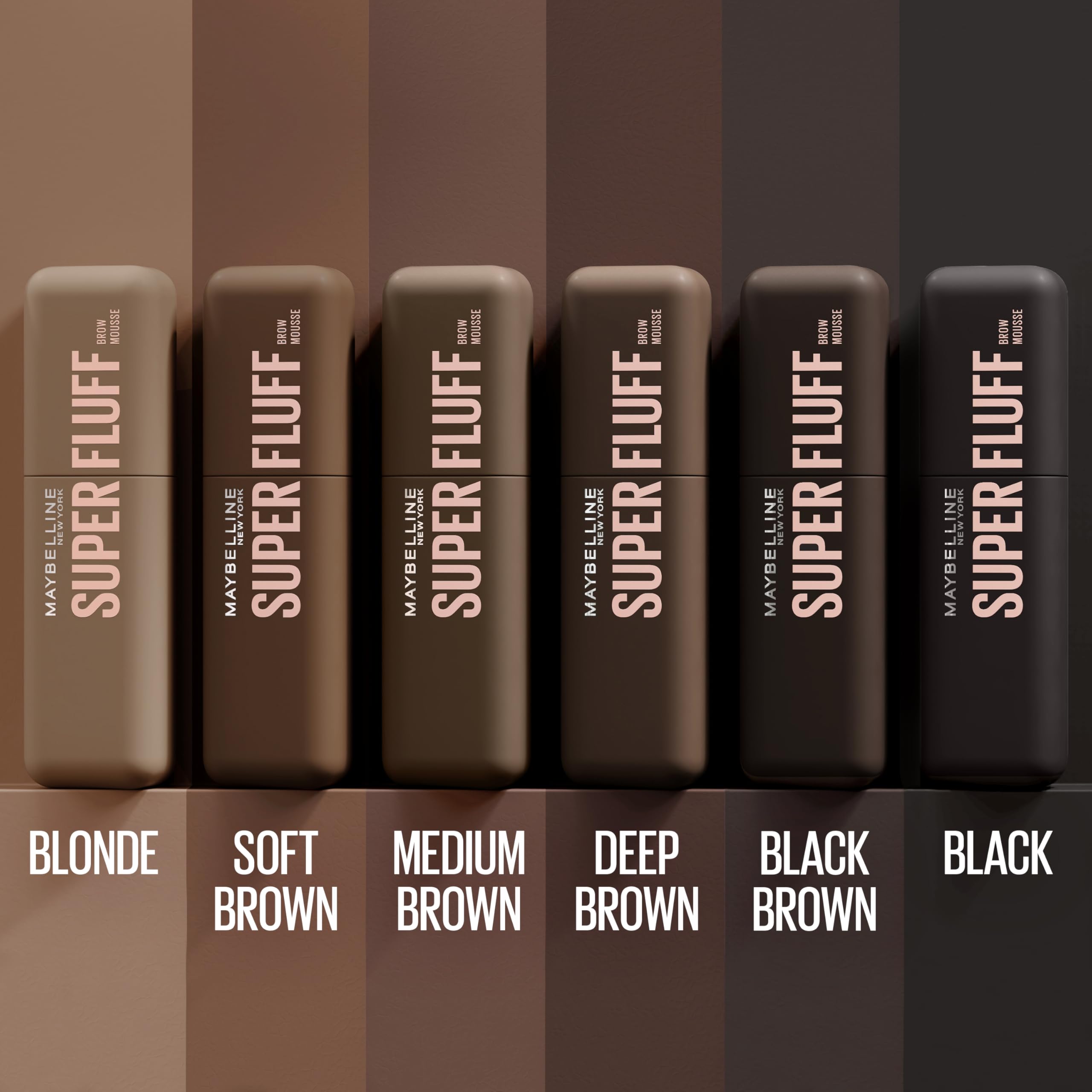 Maybelline Superfluff shade swatch array displays six natural tones for matching