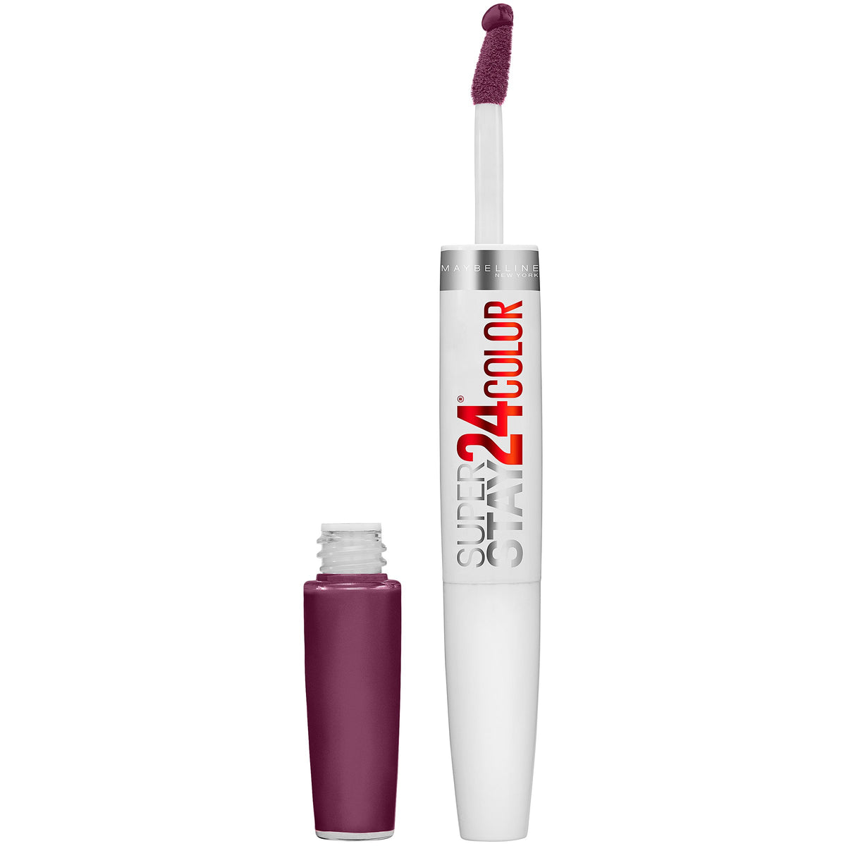 Maybelline SuperStay 24 front packaging showing extreme aubergine shade and product benefit