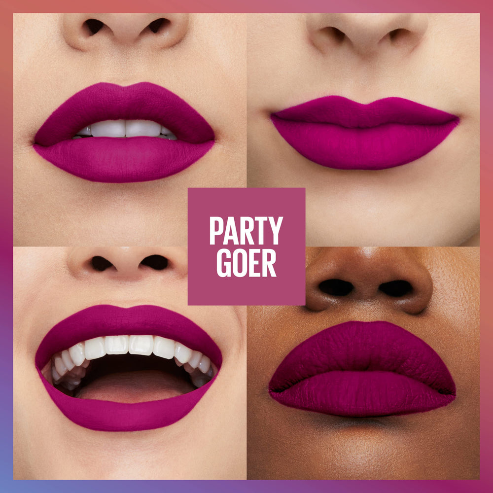 MAYBELLINE lipstick applied on model smiling to show matte finish and long‑wear look