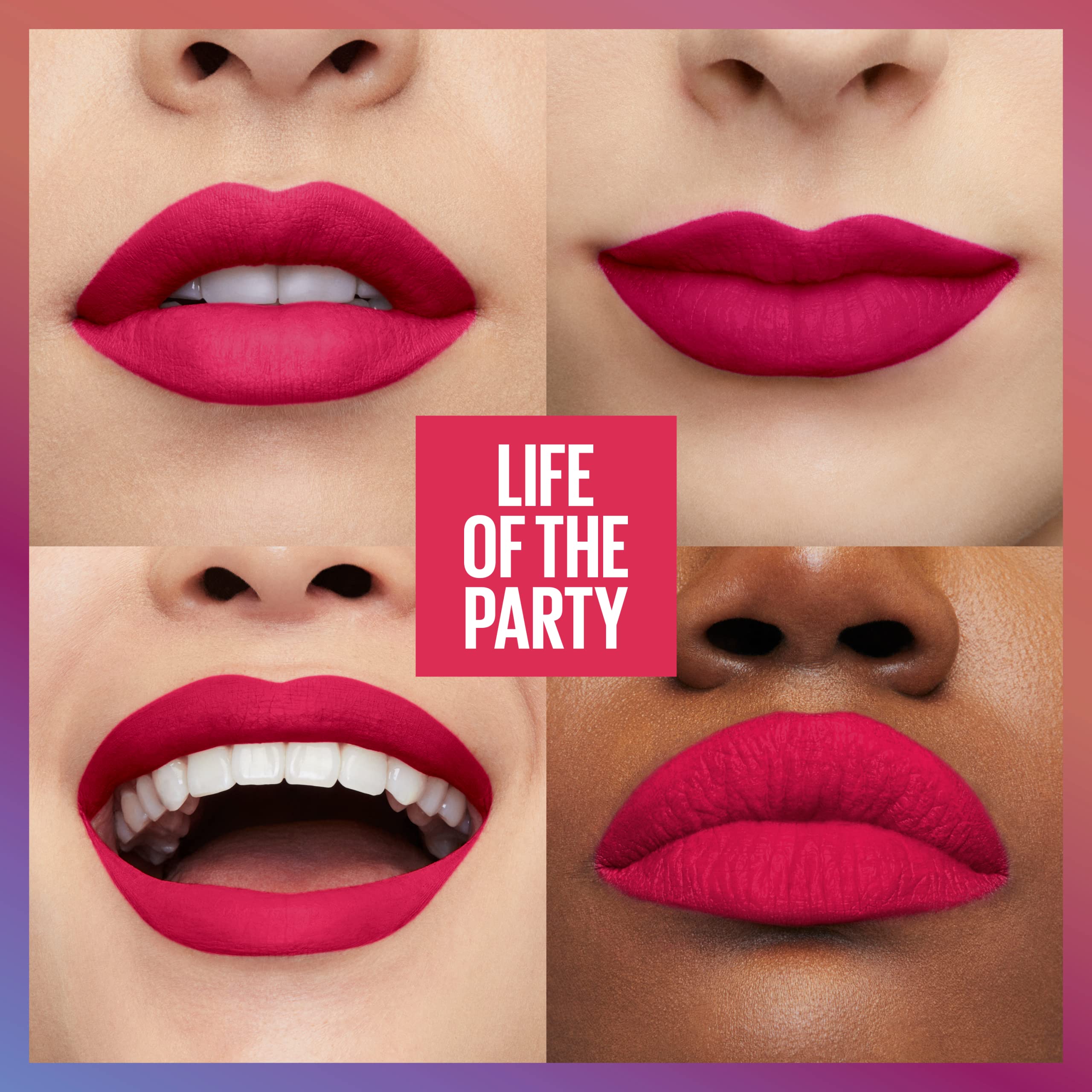 MAYBELLINE lip swatch wearing Life of the Party shade for long‑wear look benefit