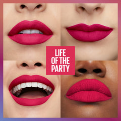 MAYBELLINE lip swatch wearing Life of the Party shade for long‑wear look benefit
