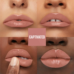 MAYBELLINE swatch close-up on arm showing saturated pink pigment and smooth payoff benefit
