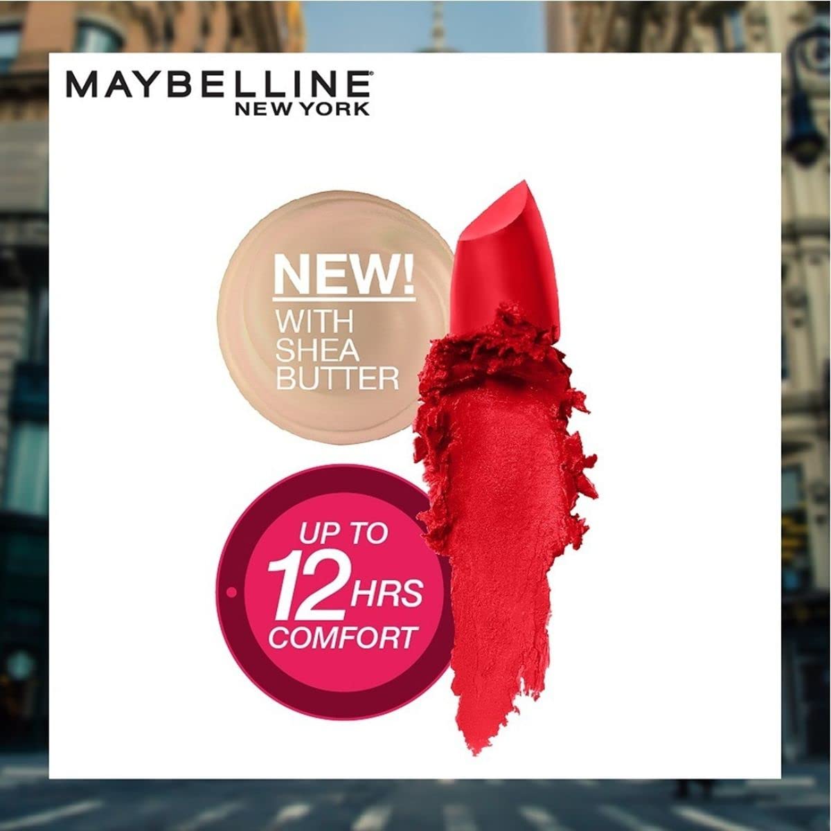MAYBELLINE swatches on arm showing nude pink and red options for shade selection