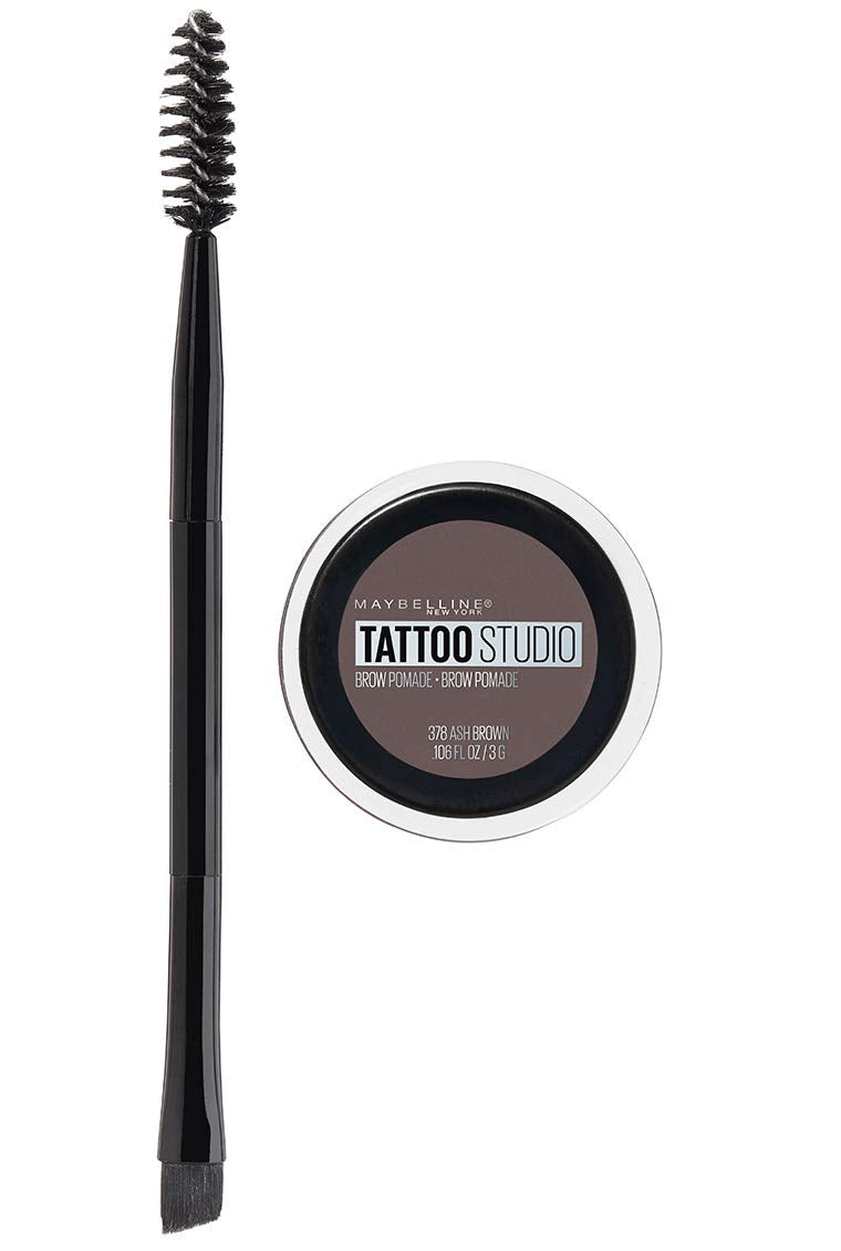 MAYBELLINE front packaging of TattooStudio Brow Pomade showing shade and benefit
