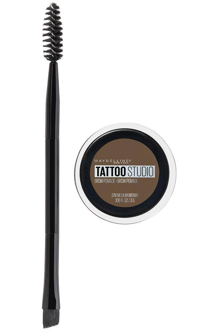 Maybelline product front packaging showing medium brown pomade and brush for reliable brow shaping
