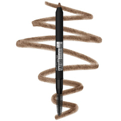 MAYBELLINE front view of sharpenable TattooStudio eyebrow pencil showing packaging and shade benefits