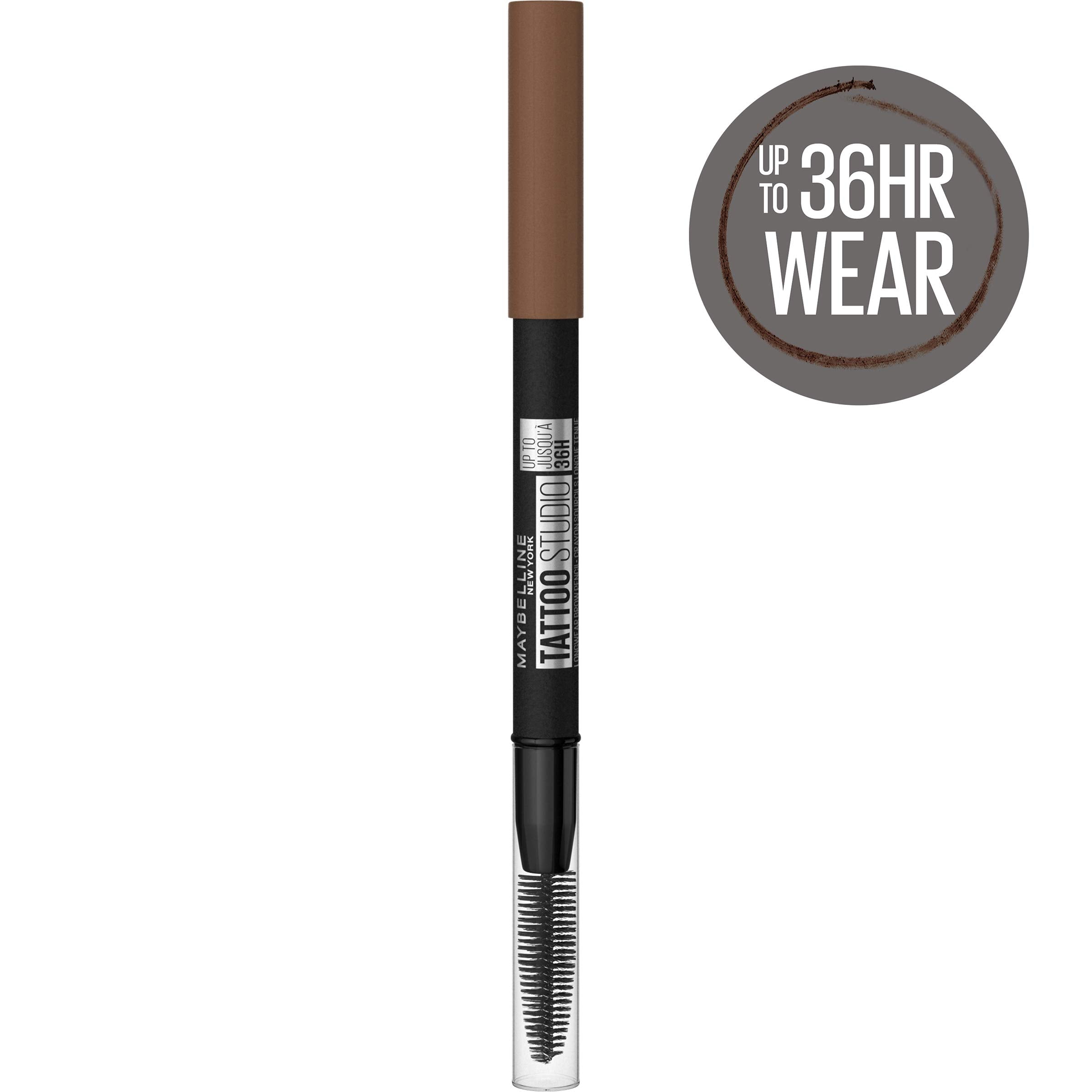 MAYBELLINE multiple swatches on skin showing Soft Brown pigmentation and longwear payoff