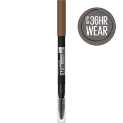 MAYBELLINE multiple swatches on skin showing Soft Brown pigmentation and longwear payoff