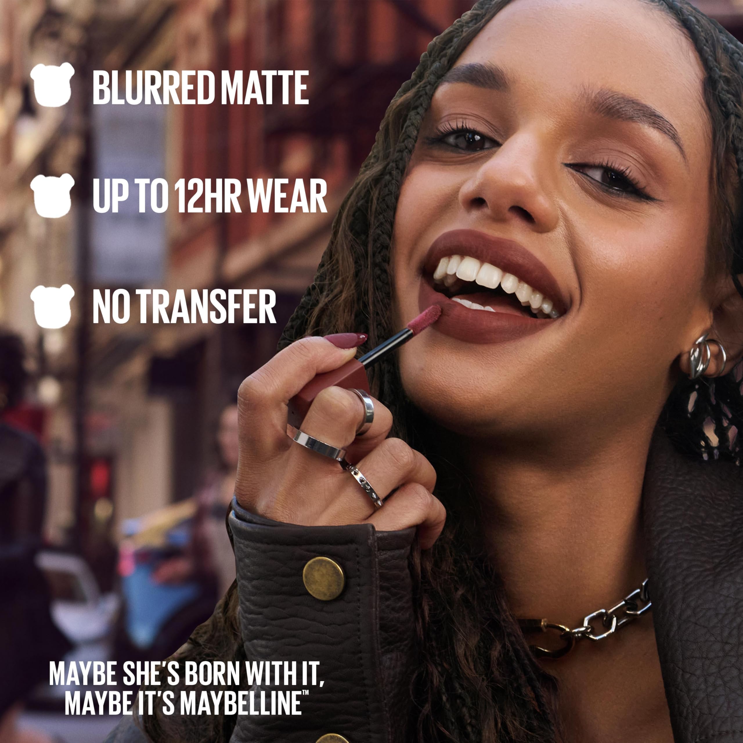 MAYBELLINE Teddy applied on lips demonstrating blurred matte look and comfortable wear benefit