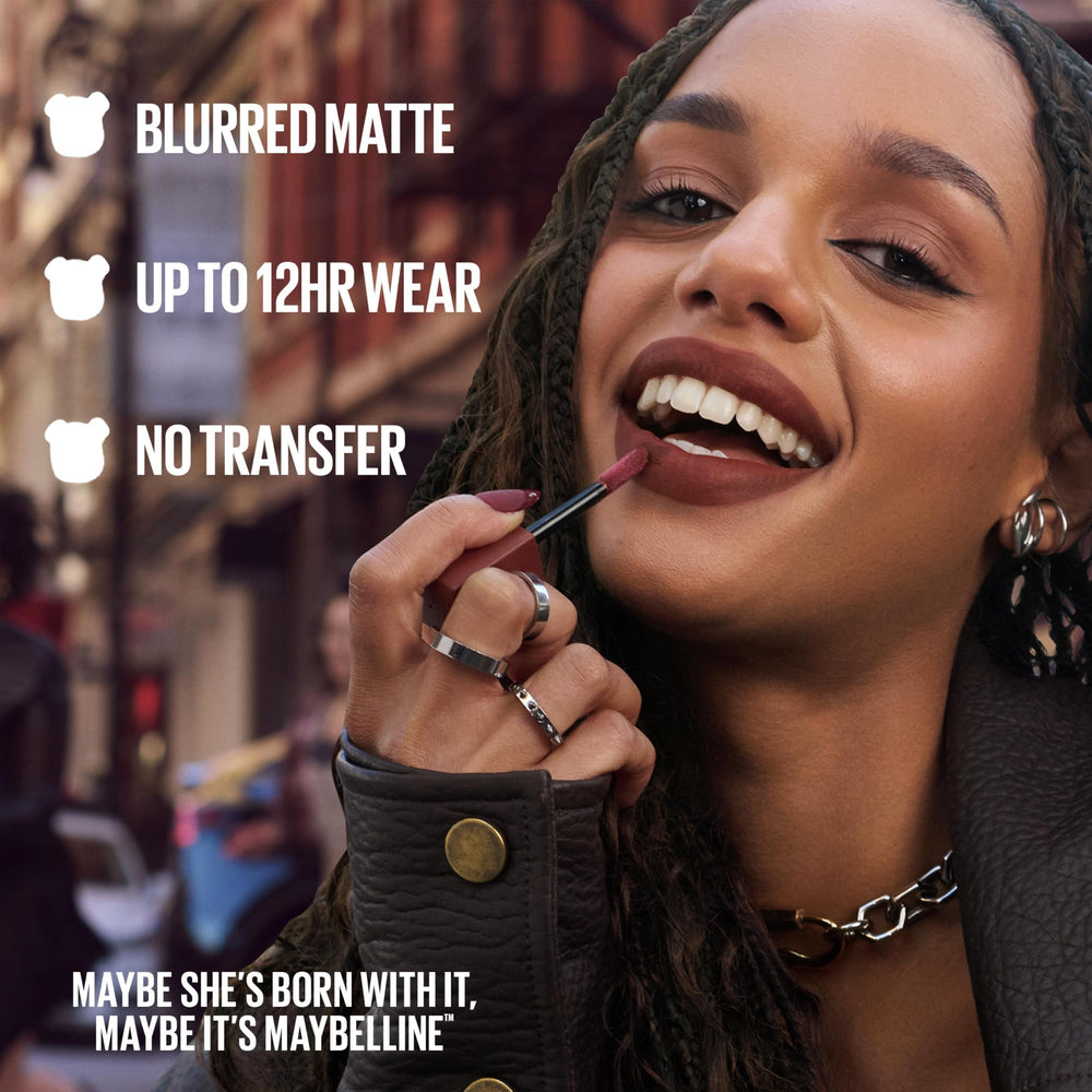 MAYBELLINE Teddy applied on lips demonstrating blurred matte look and comfortable wear benefit