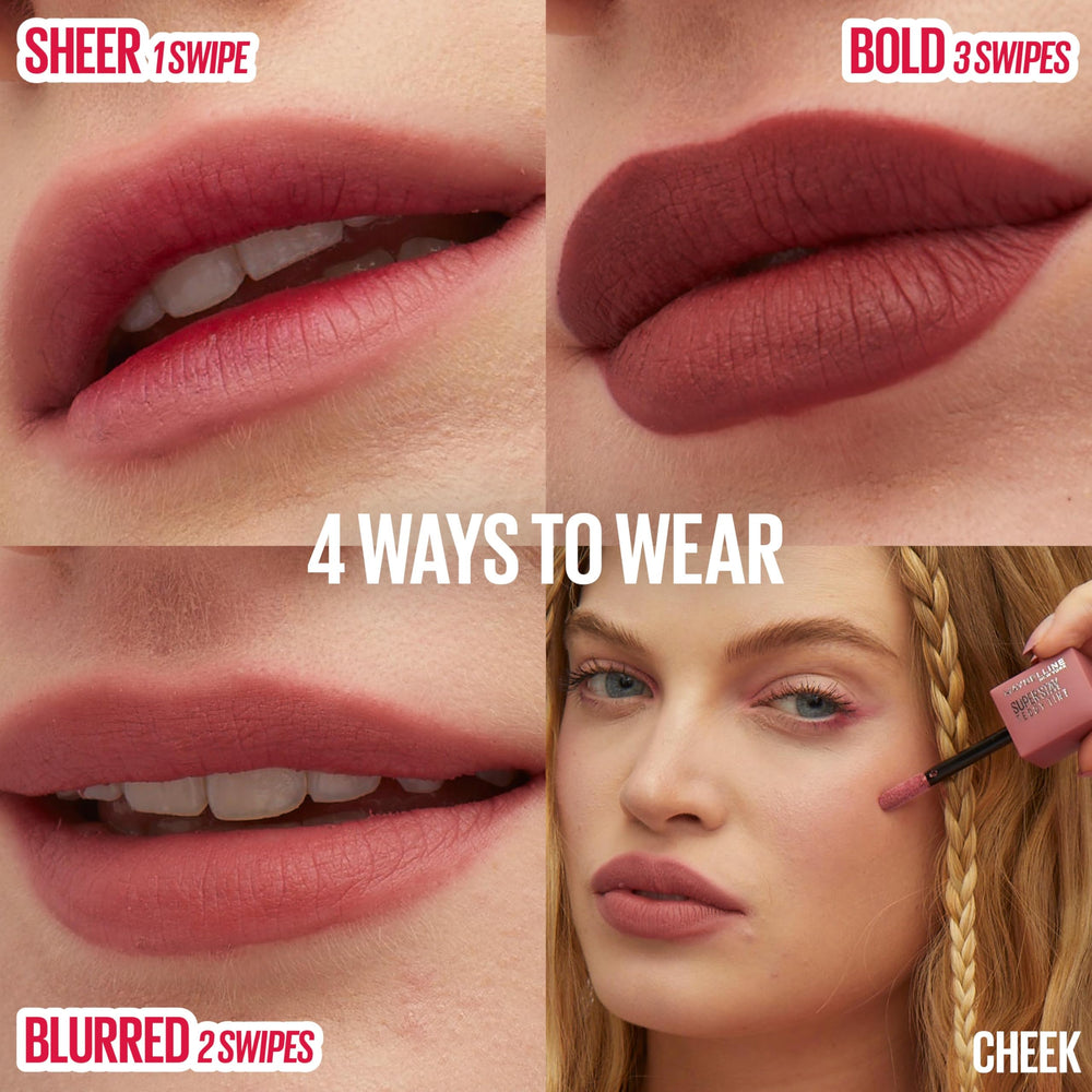 Maybelline tint worn on lips showing blurred matte color and wear