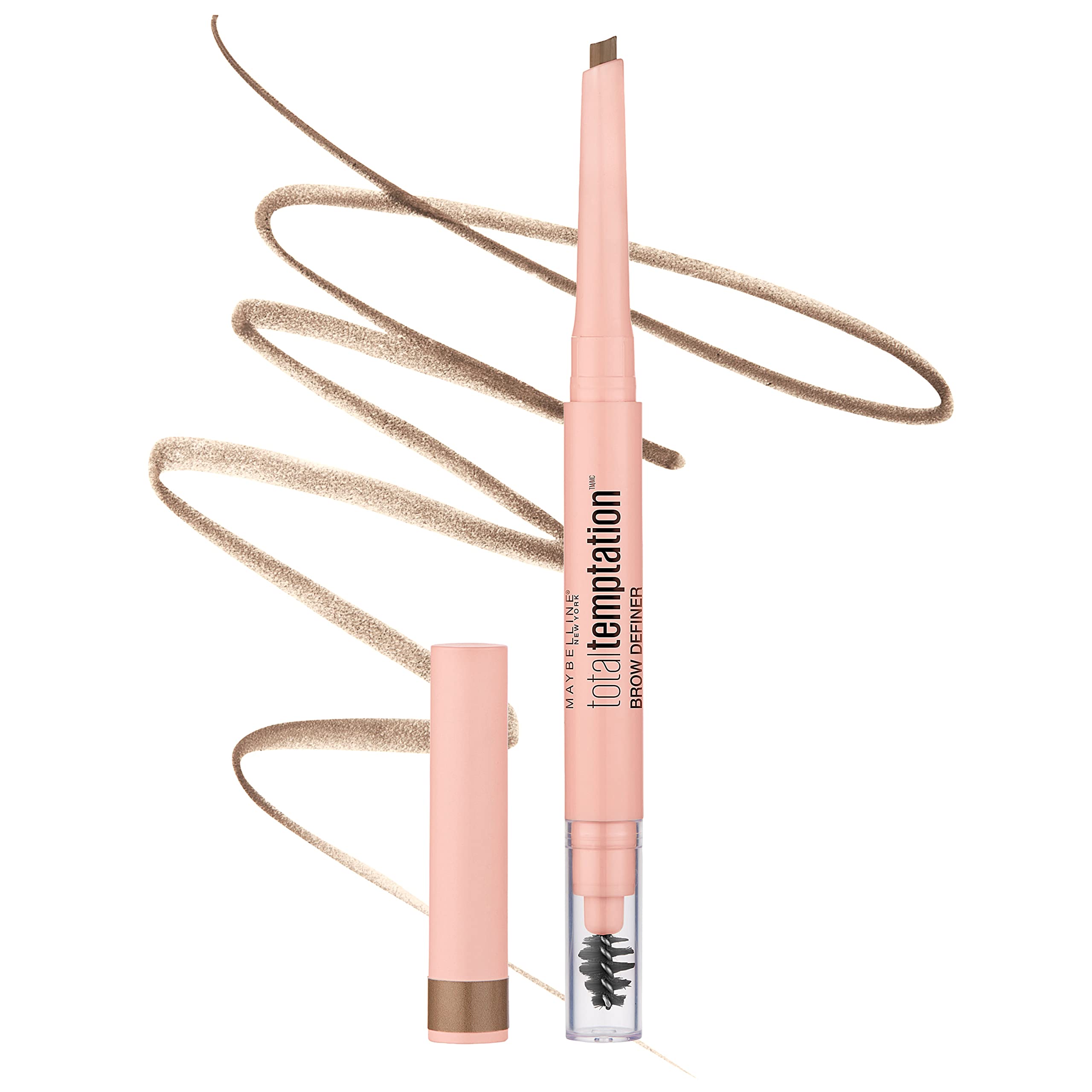 Maybelline eyebrow definer front view showing sleek pencil and cap for easy portability