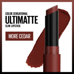 Maybelline bullet close-up revealing rich rust-brown pigment and smooth matte texture