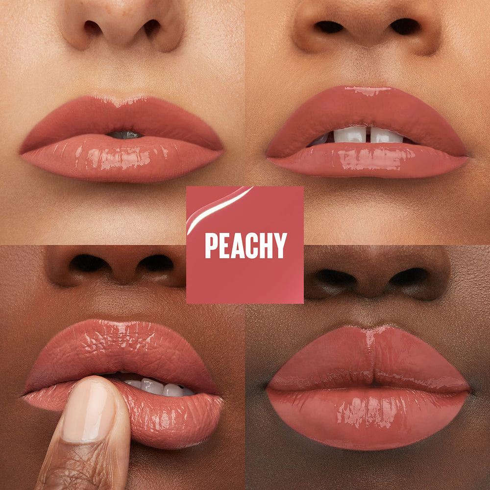 MAYBELLINE swatch on arm showing true peachy pigment and instant shine benefit