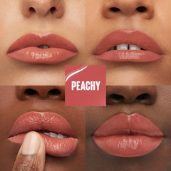 MAYBELLINE swatch on arm showing true peachy pigment and instant shine benefit