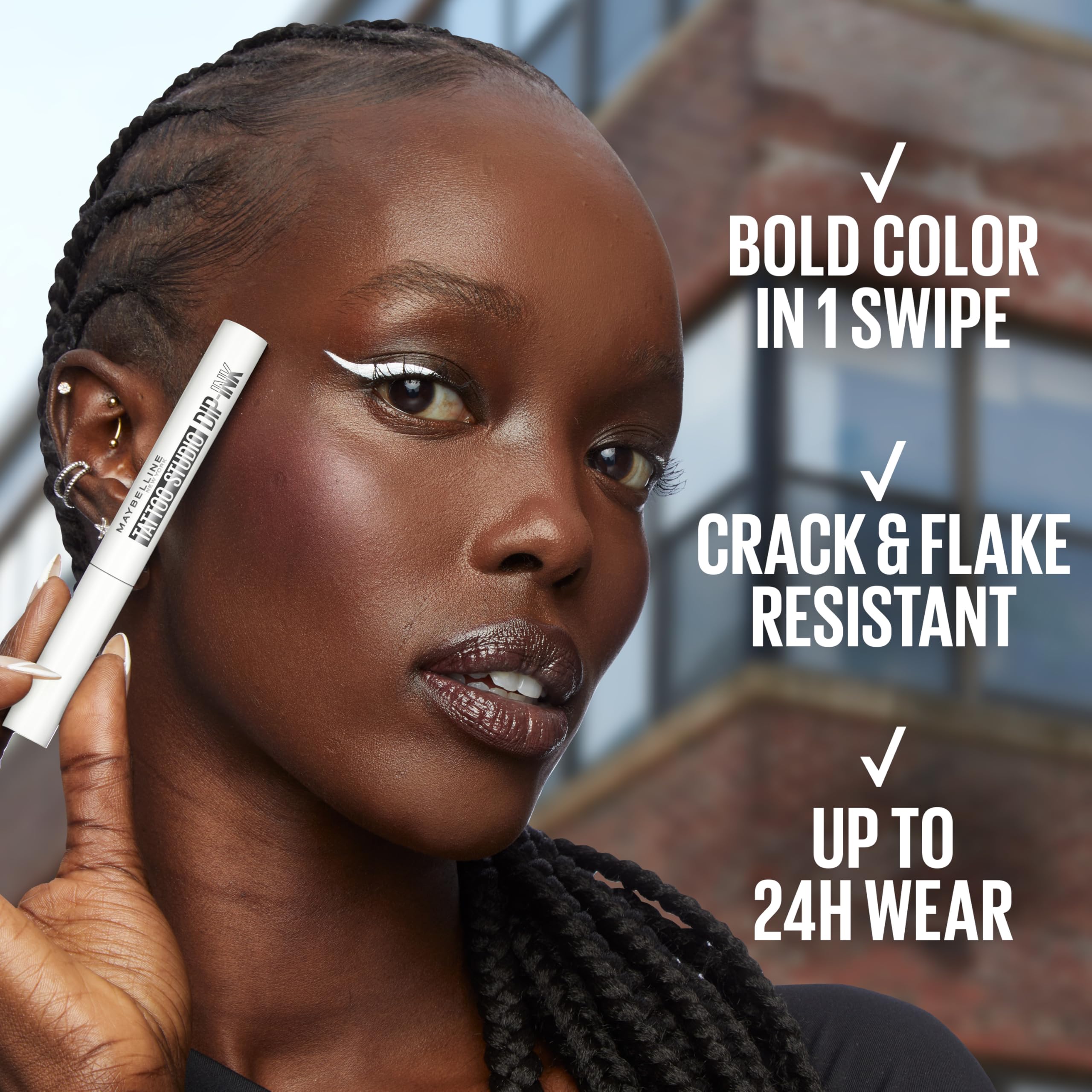 MAYBELLINE white ink swatches on swatch card showing opaque payoff and color intensity