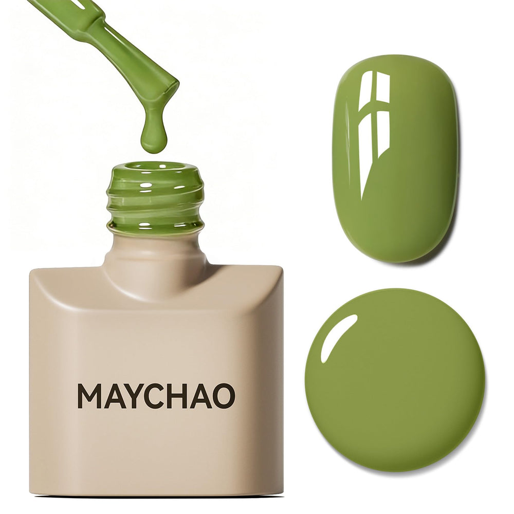 MAYCHAO front label showing moss green gel and compact bottle for easy storage