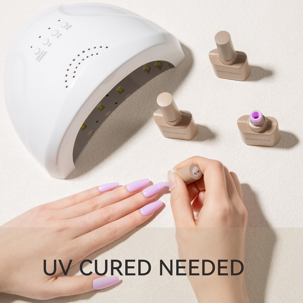 MAYCHAO application under LED lamp demonstrating fast curing and salon result benefit
