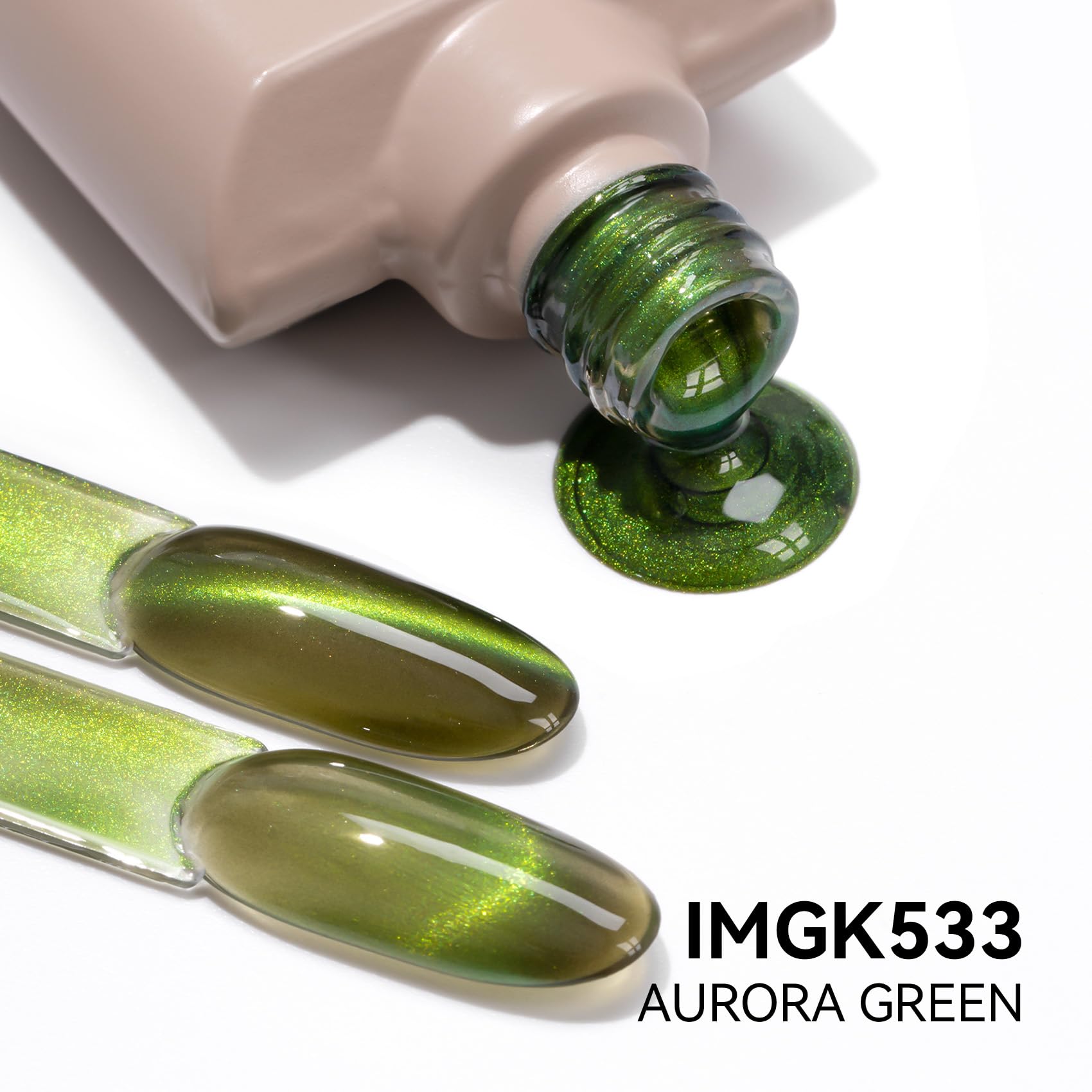 MAYCHAO brush stroke of Aurora Green showing smooth coverage benefit