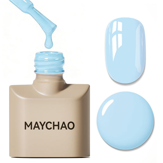 MAYCHAO front bottle showing pastel blue color and glossy finish benefit