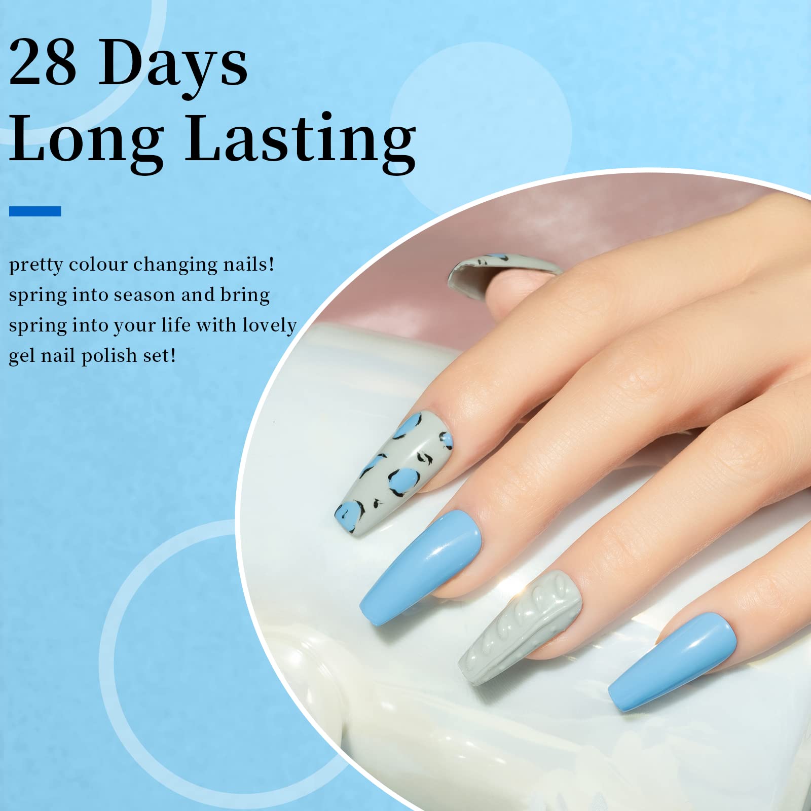 MAYCHAO applied on nails model demonstrating salon-quality blue shine