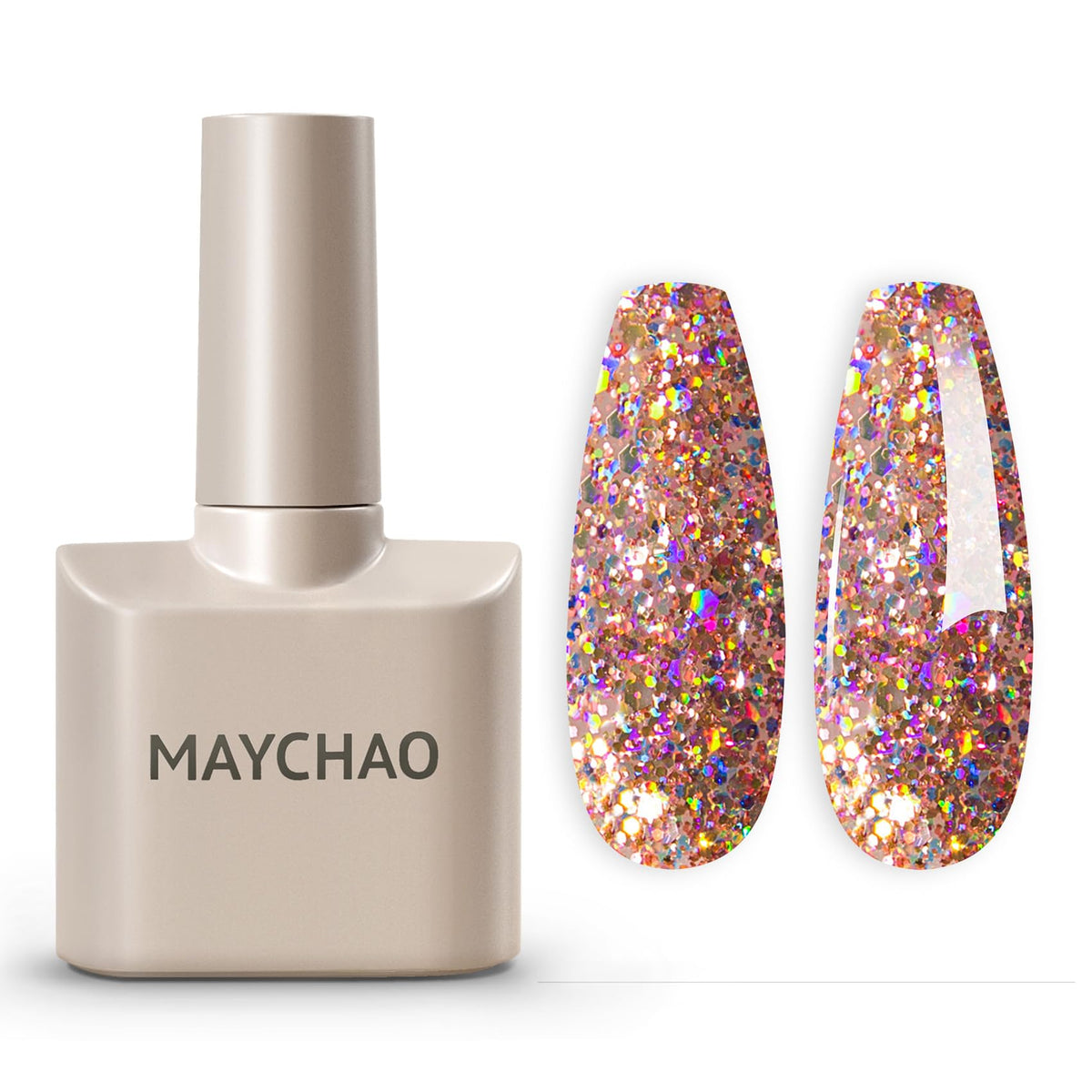 MAYCHAO bottle front view showing clear pink glitter polish, easy salon finish