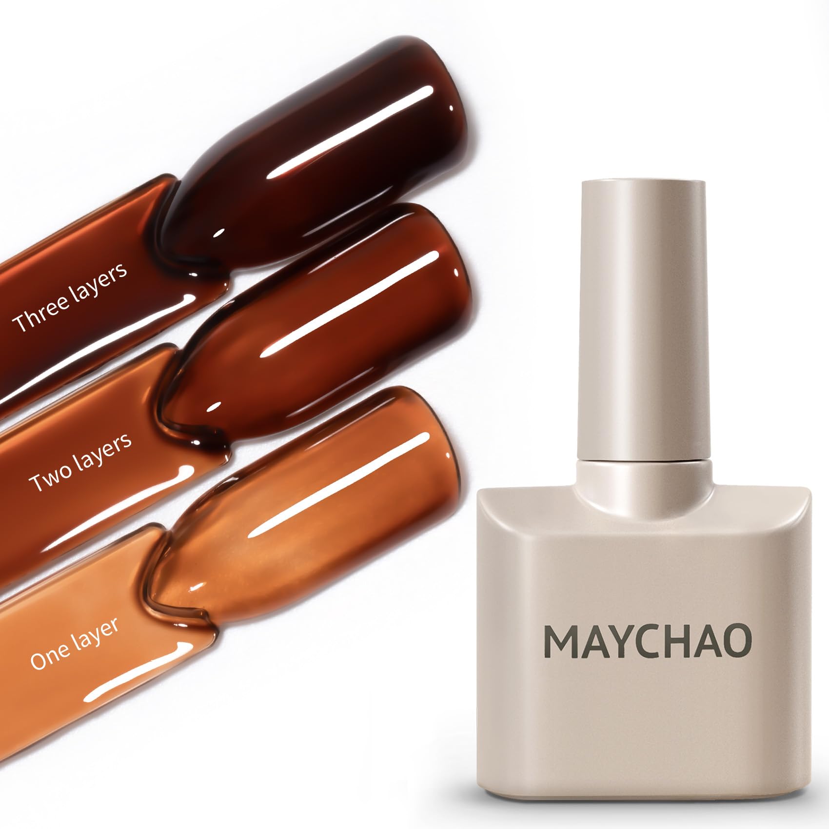 MAYCHAO bottle front showing hot cocoa sheer shade and glossy finish