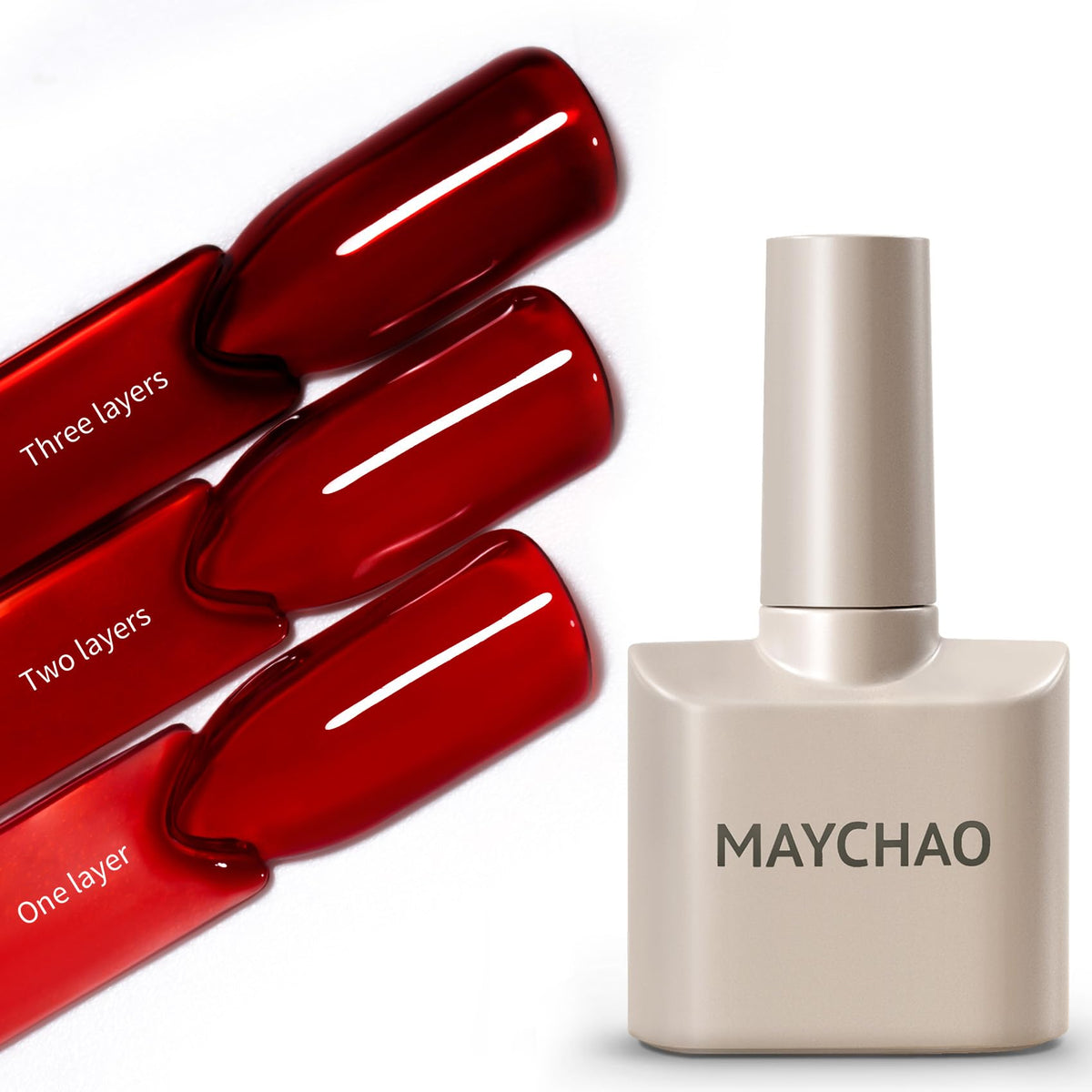 MAYCHAO bottle front showing jelly burgundy shade and compact size benefit