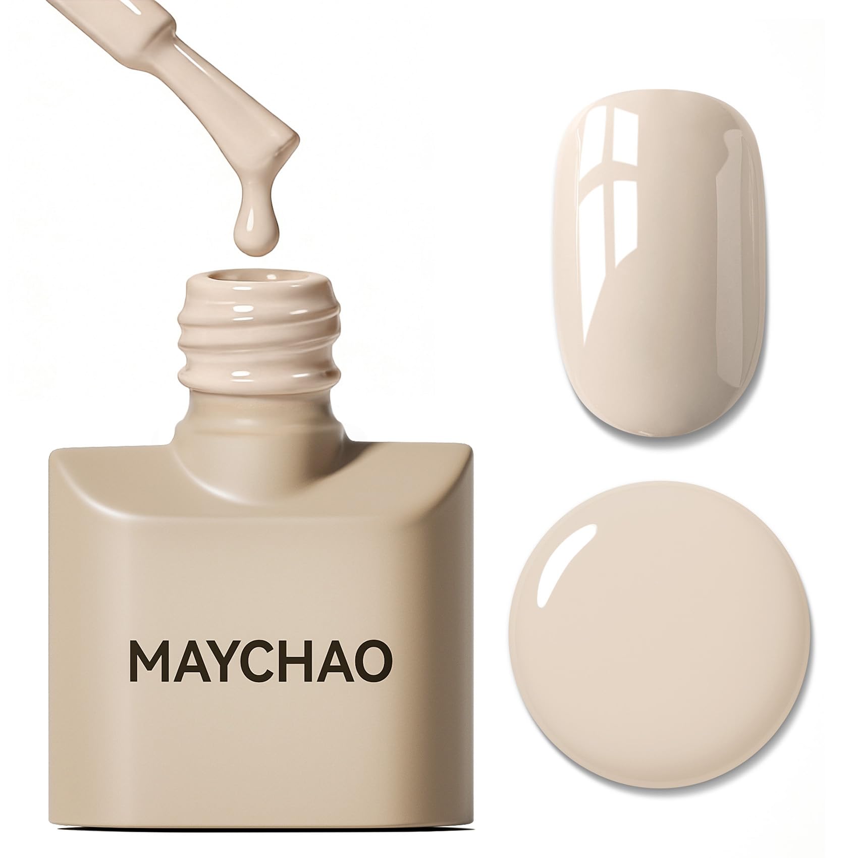 MAYCHAO bottle front showing vanilla frosting shade and glossy finish benefit
