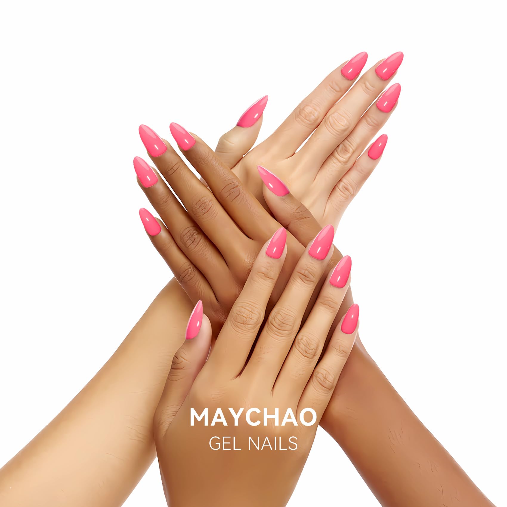 MAYCHAO swatch on fingertip demonstrating rich bright pink coverage and glossy finish