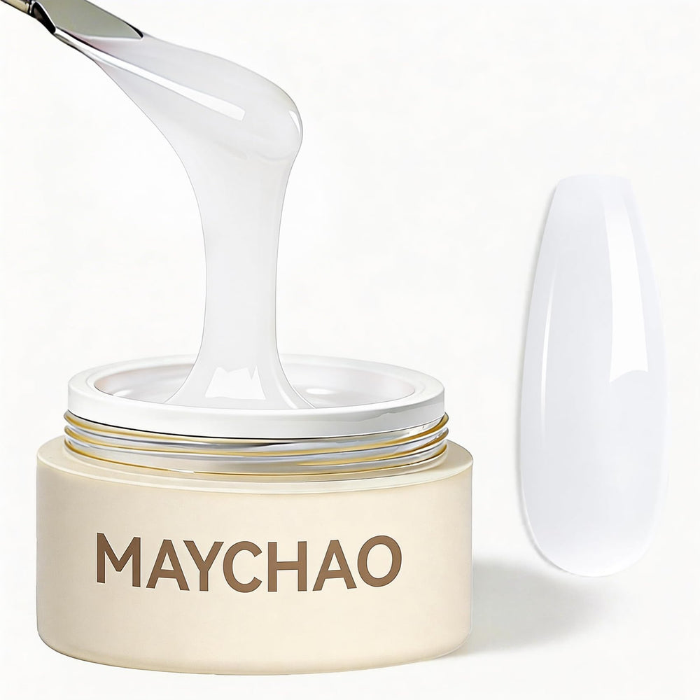 MAYCHAO jar front showing milky white builder gel for reliable extensions