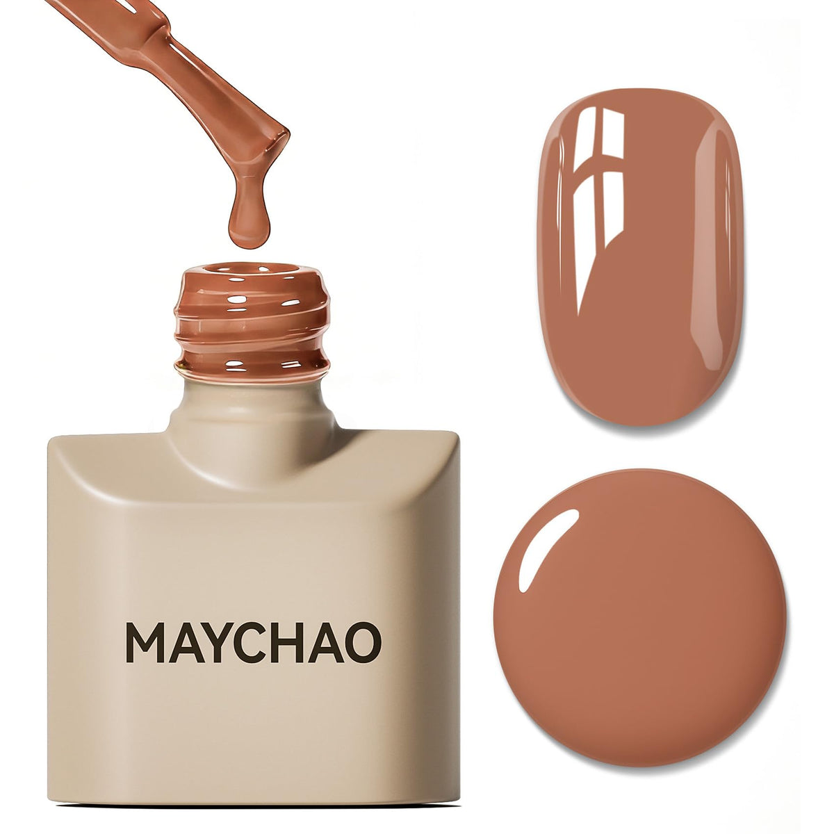 MAYCHAO front bottle view showing caramel shade and packaging benefit