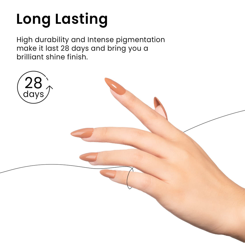 MAYCHAO nail tip swatch illustrating true caramel color and long-lasting shine