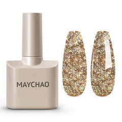 MAYCHAO bottle front showing champagne glitter and clear label for accurate color
