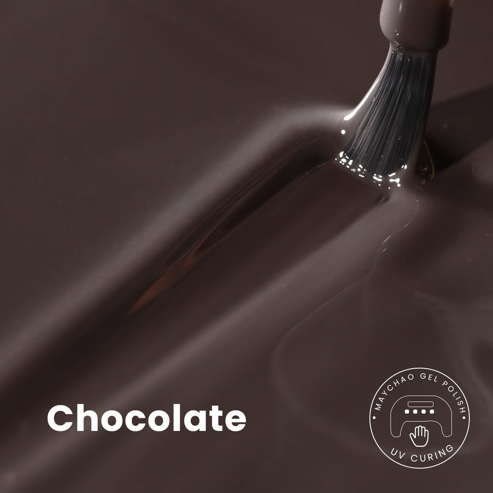 MAYCHAO brush swiping chocolate gel polish showcasing smooth even coverage