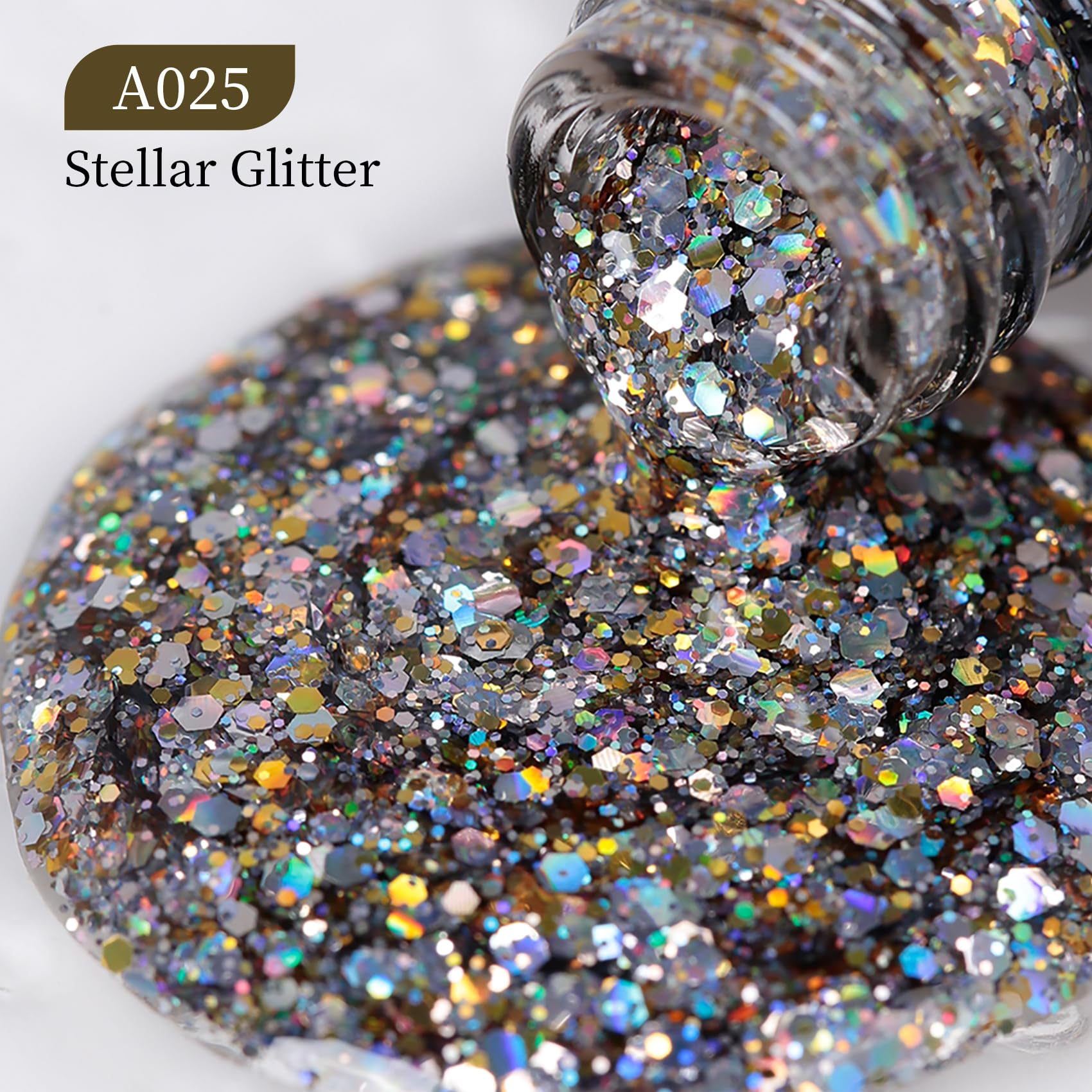 MAYCHAO close-up glitter texture revealing holo sparkle and fine particle shine benefit